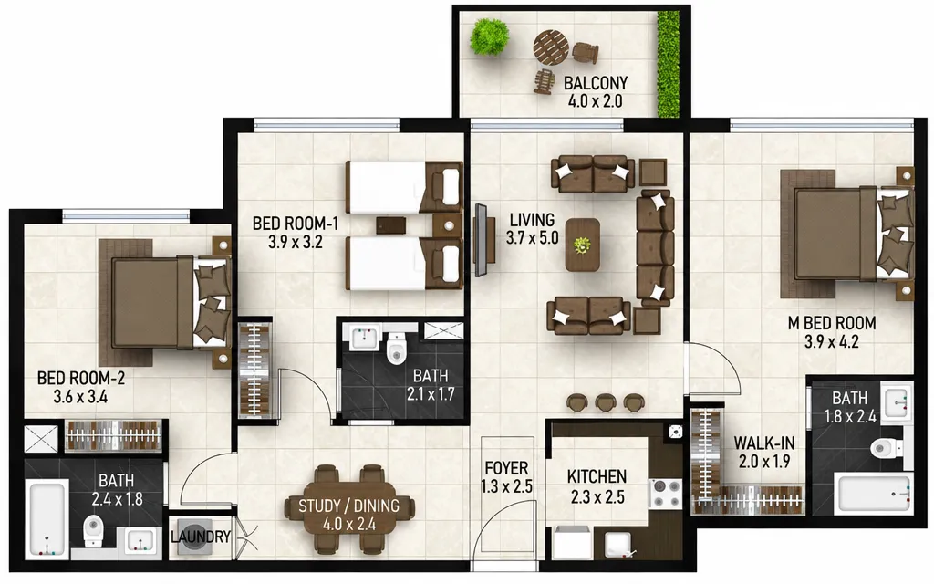 Maimoon Gardens 3 bed floor plan, 1,276 sqft