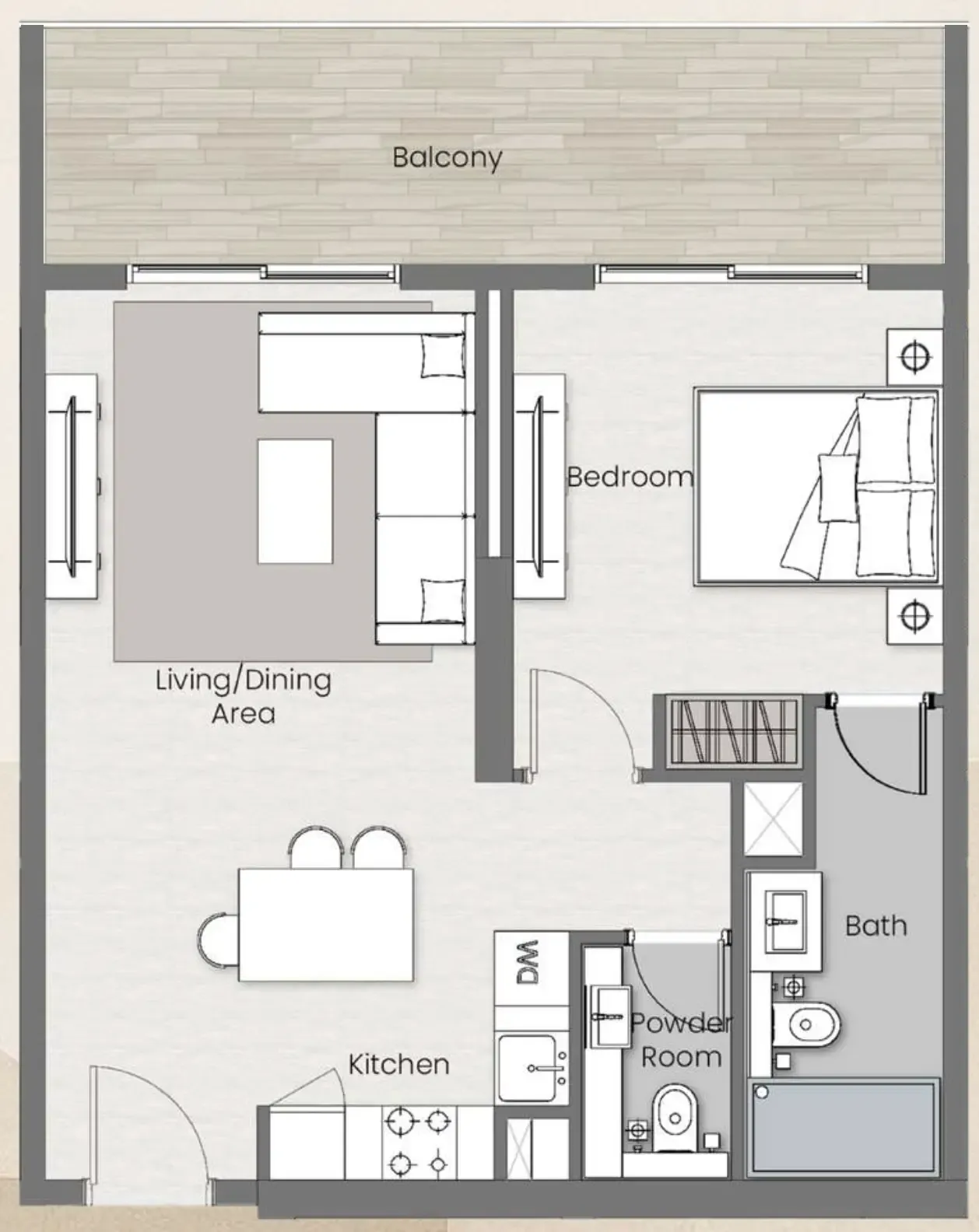 Beverly Park 1 bed floor plan, 709 sqft