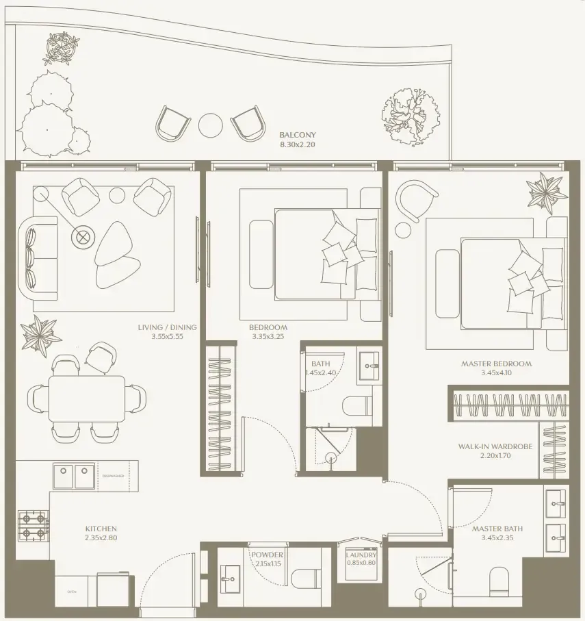 AYA Beachfront Residences 2 bed floor plan, 1,162 – 1,342 sqft