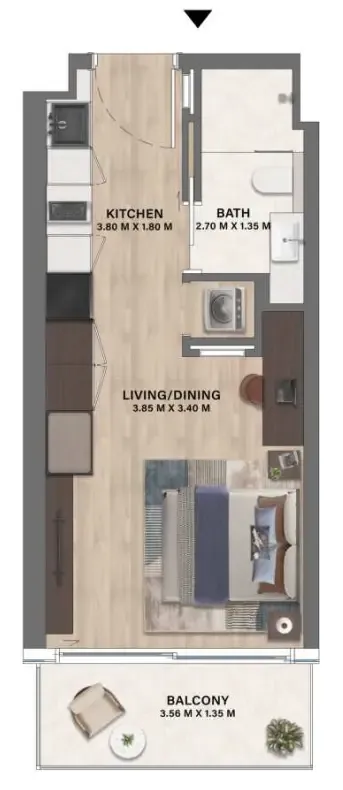 Mövenpick Residences Dubai Motor City Phase 1 Studio floor plan, 361 sqft