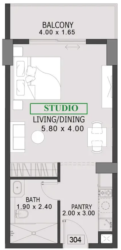 One By Preston Studio floor plan, 485 sqft
