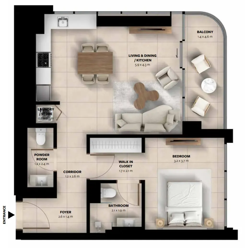 Waada Dubai South 1 bed floor plan, 772 sqft