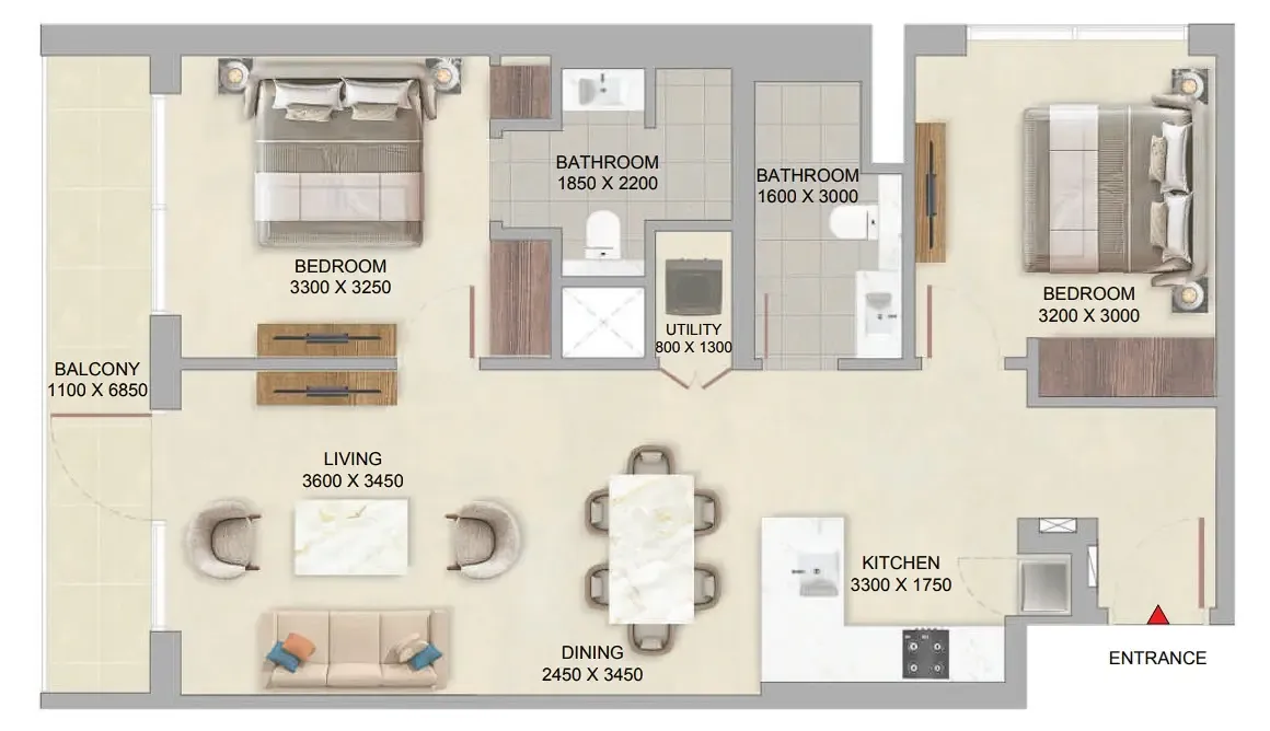 The Woods at Sobha Sanctuary 2 bed floor plan, 961 sqft