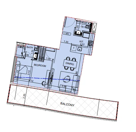 Binghatti Aquarise 1 bed floor plan, 975 sqft