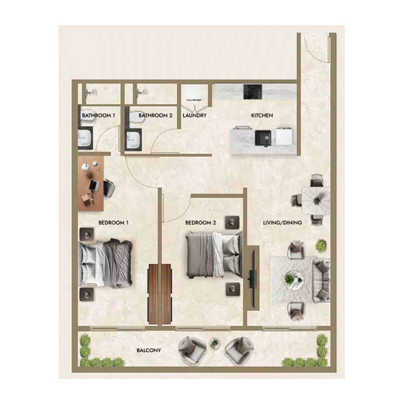 Greenfield Living 2 bed floor plan, 1,062 – 1,074 sqft