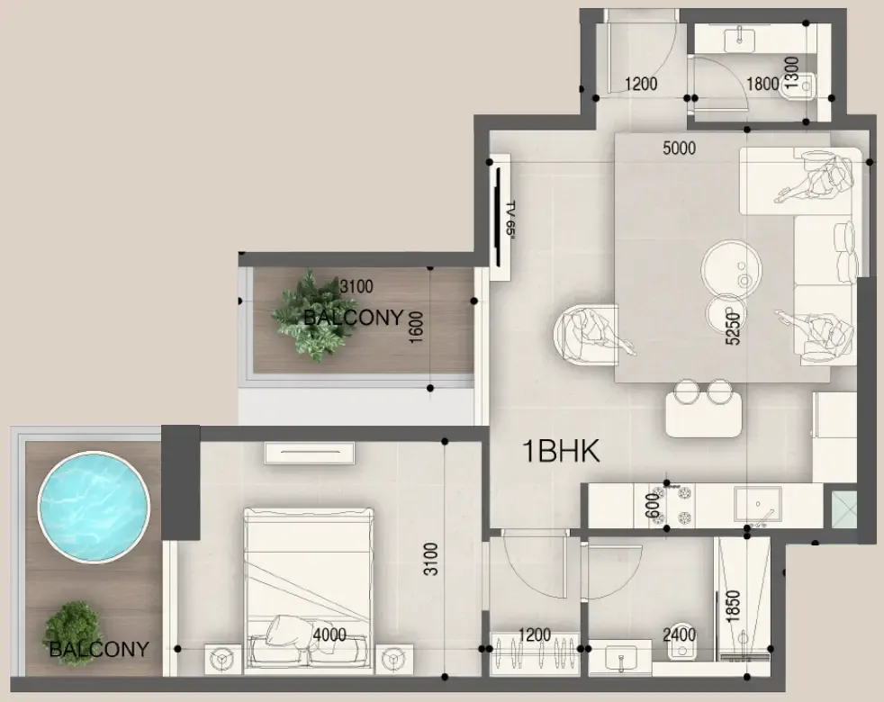Peace Avenue 1 bed floor plan, 704 – 834 sqft