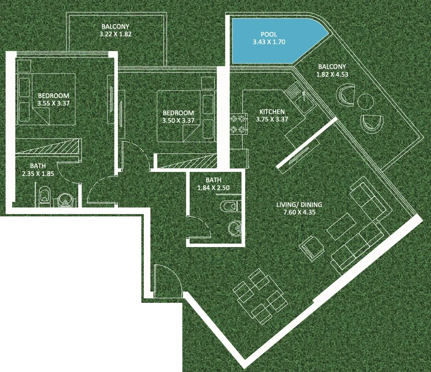 Sportz 2 bed floor plan, 1,088 sqft