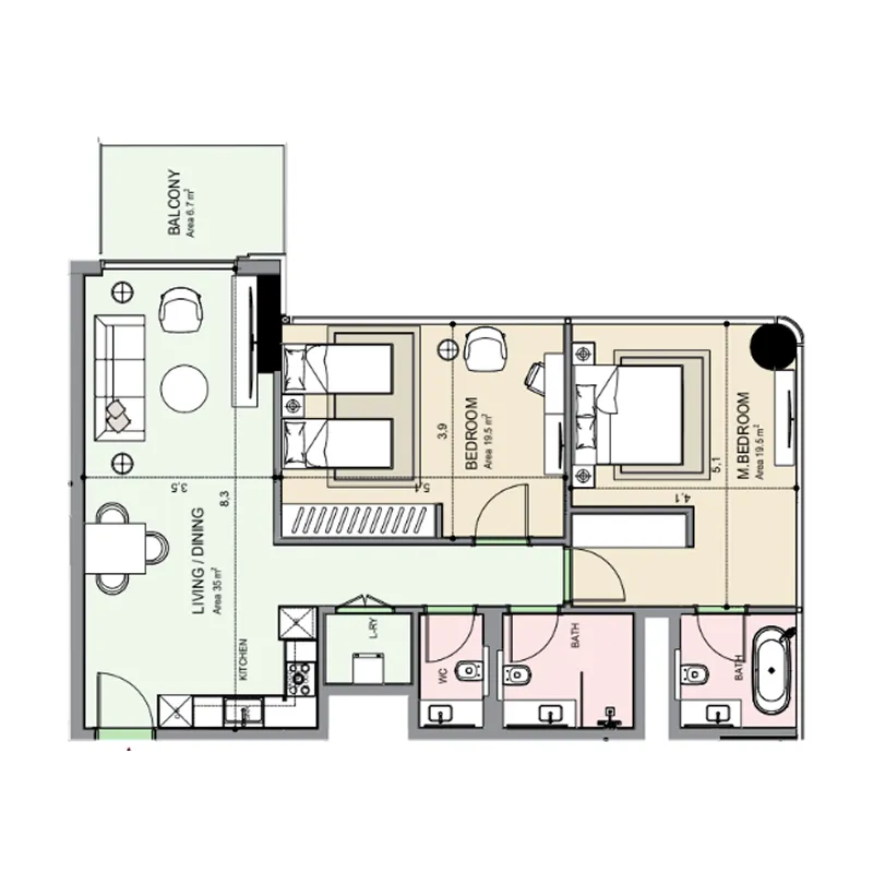 Edgewater Residences 1, 2 and 3 2 bed floor plan, 1,136 – 1,140 sqft