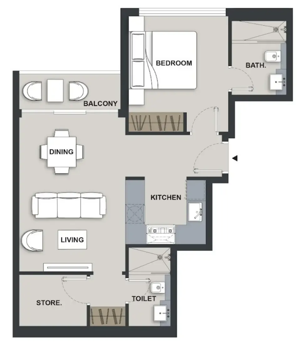 Maison Elysee III 1 bed floor plan, 629 sqft