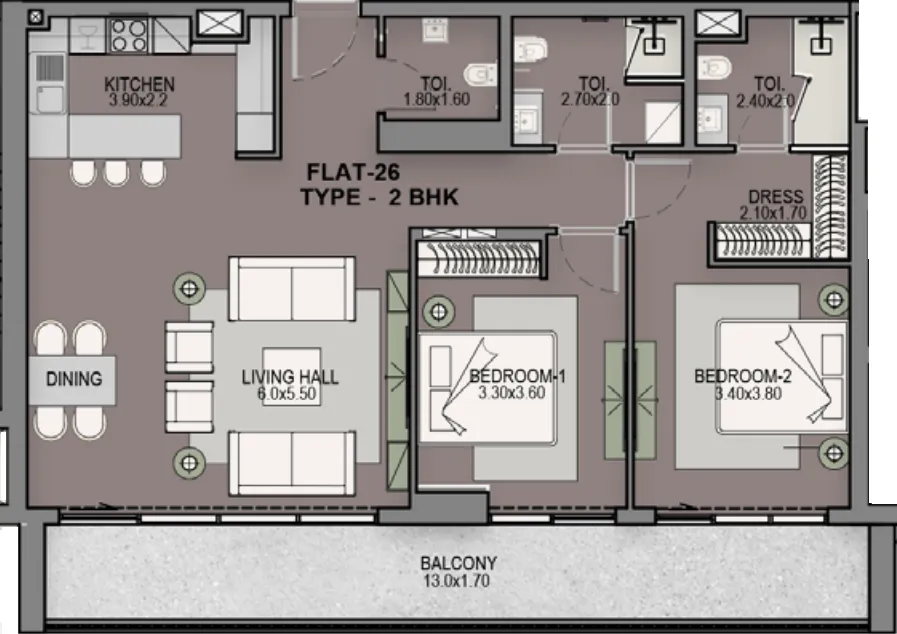 Helvetia Residences 2 bed floor plan, 1,429 sqft