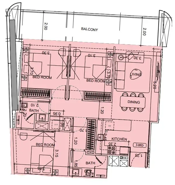 Vision Iconic 3 bed floor plan, 1,198 – 1,203 sqft