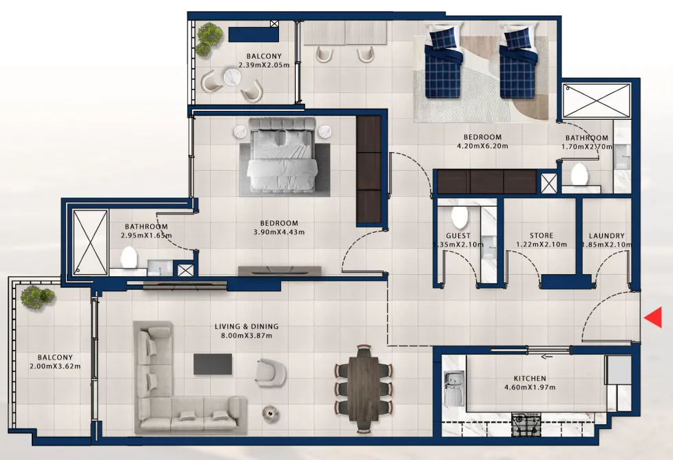 Asayel Avenue 2 bed floor plan, 1,380 sqft