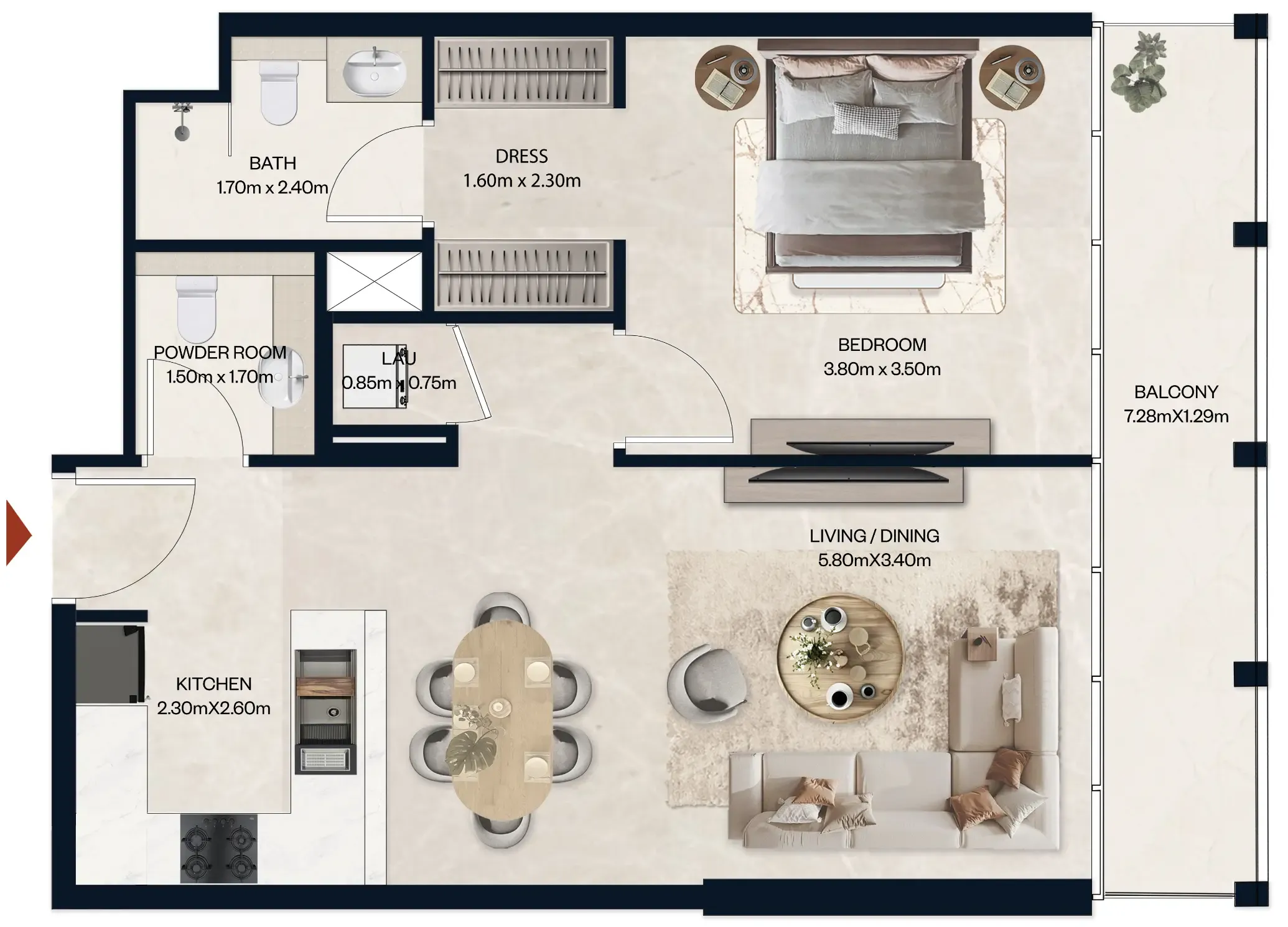 Norah Residence 1 bed floor plan, 743 sqft