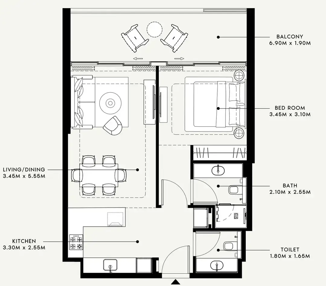 Riviera 58 1 bed floor plan, 788 sqft