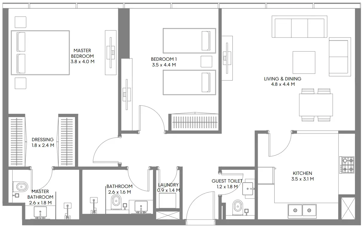 The Gate 3 and 4 2 bed floor plan, 1,081 sqft