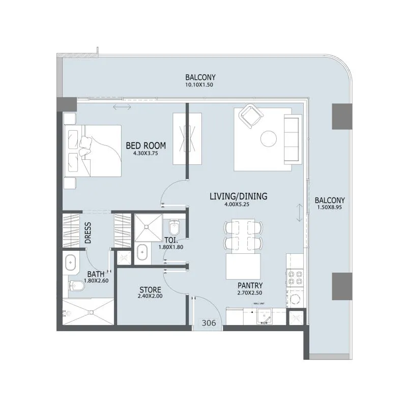 Al Ghaf 2 1 bed floor plan, 1,034 sqft