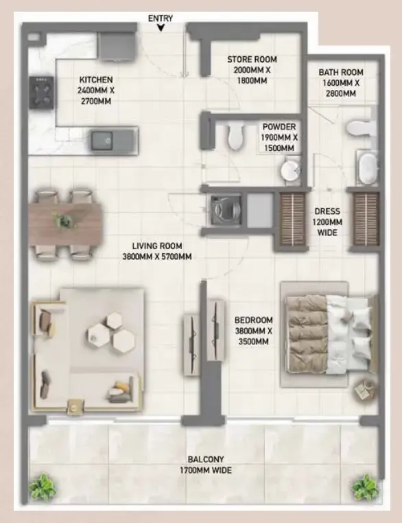 Blossom 40 1 bed floor plan, 863 sqft
