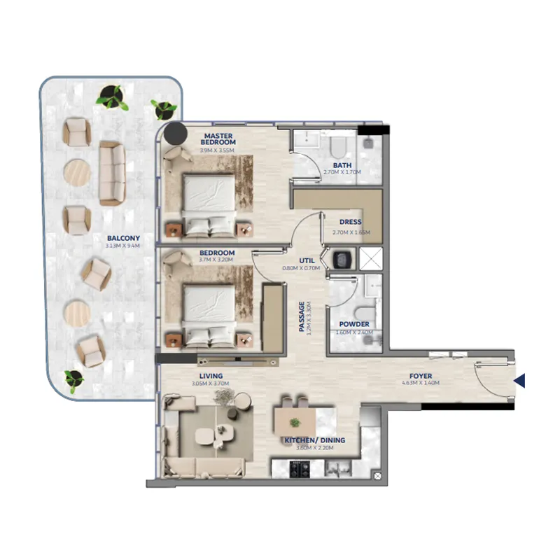 Vedaire Residences 2 bed floor plan, 1,211 sqft
