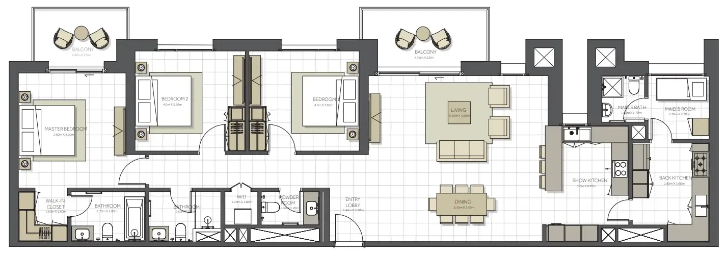 Topaz Residences 3 bed floor plan, 1,969 sqft