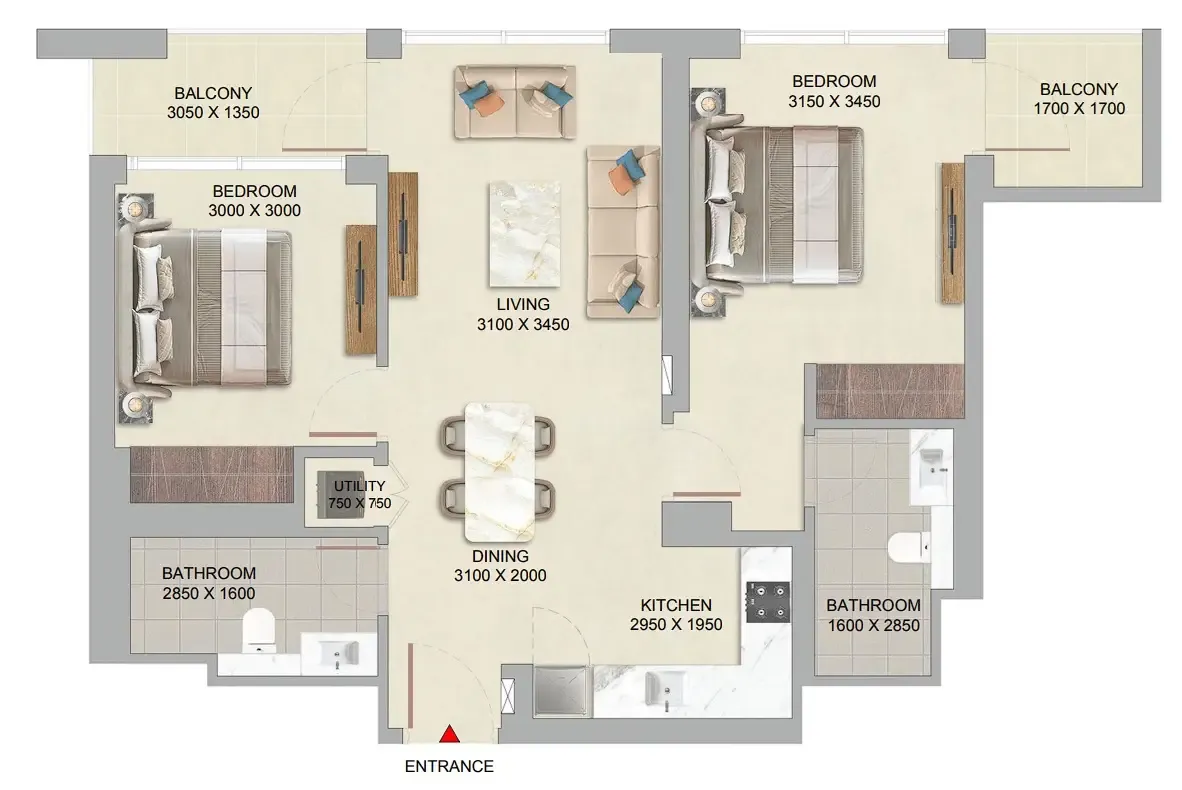 The Woods at Sobha Sanctuary 2 bed floor plan, 889 sqft