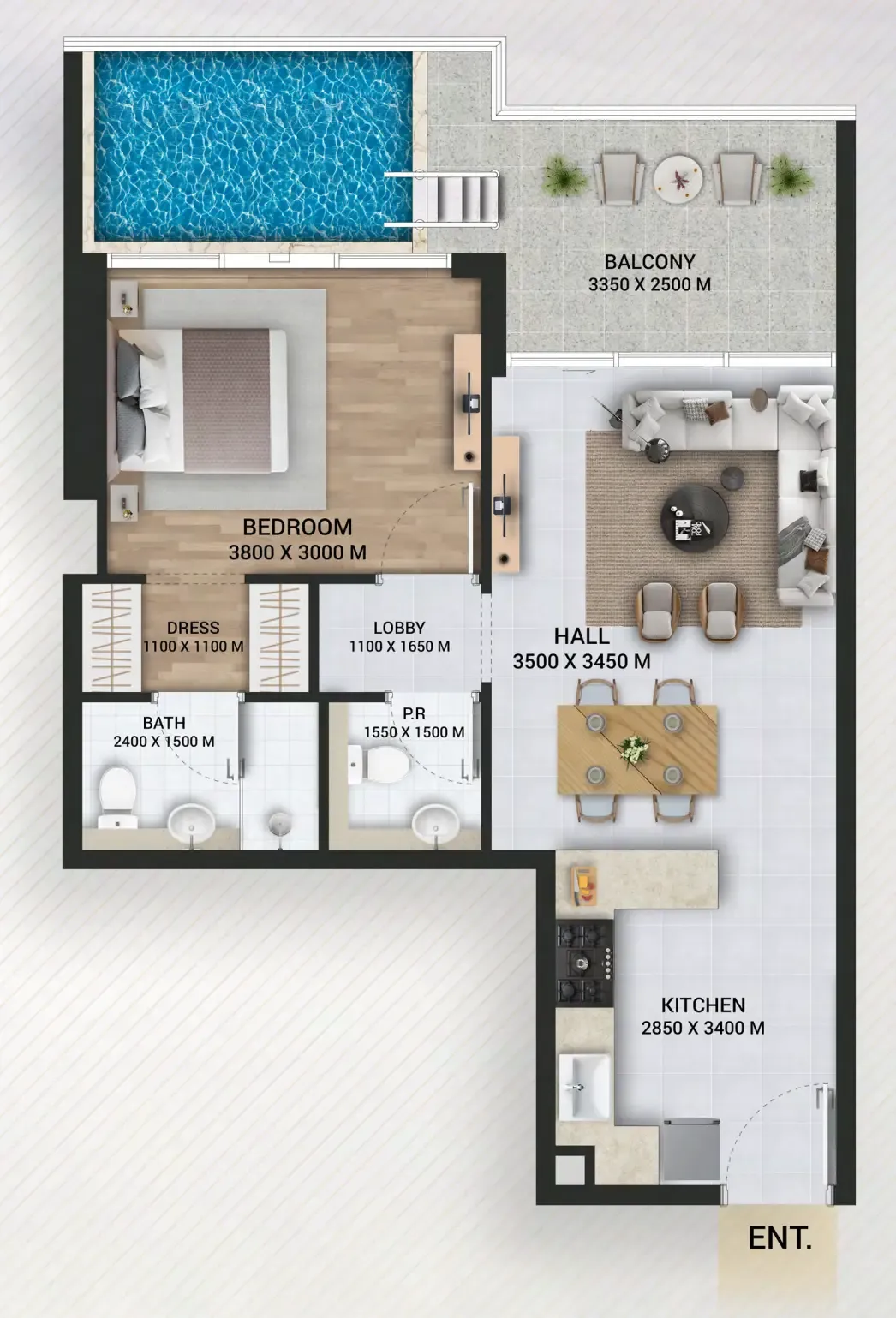 Empire Lake Views 1 bed floor plan, 790 sqft