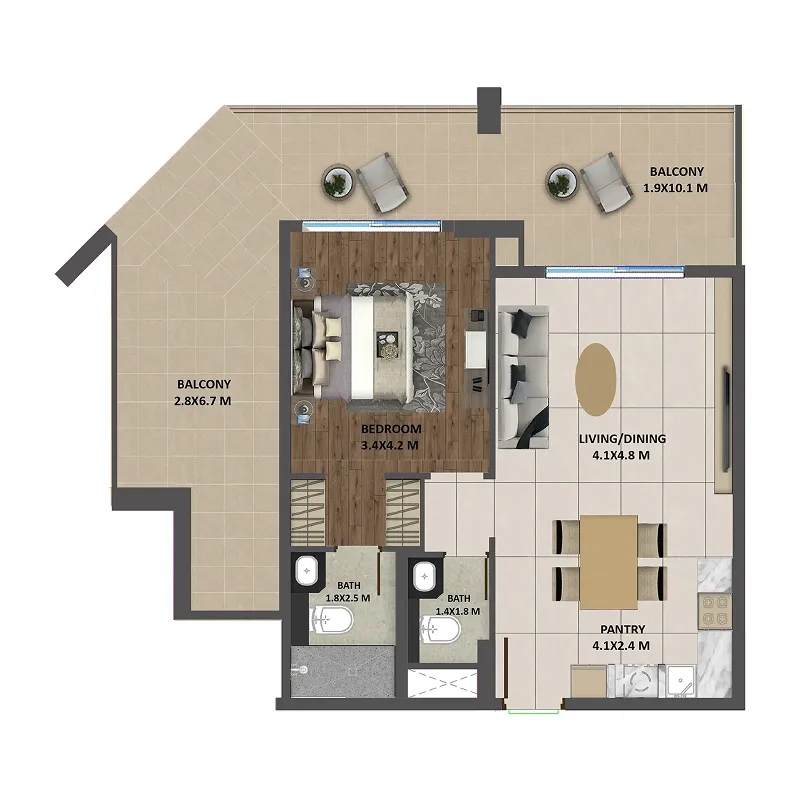 Marquis Galleria 1 bed floor plan, 1,064 sqft