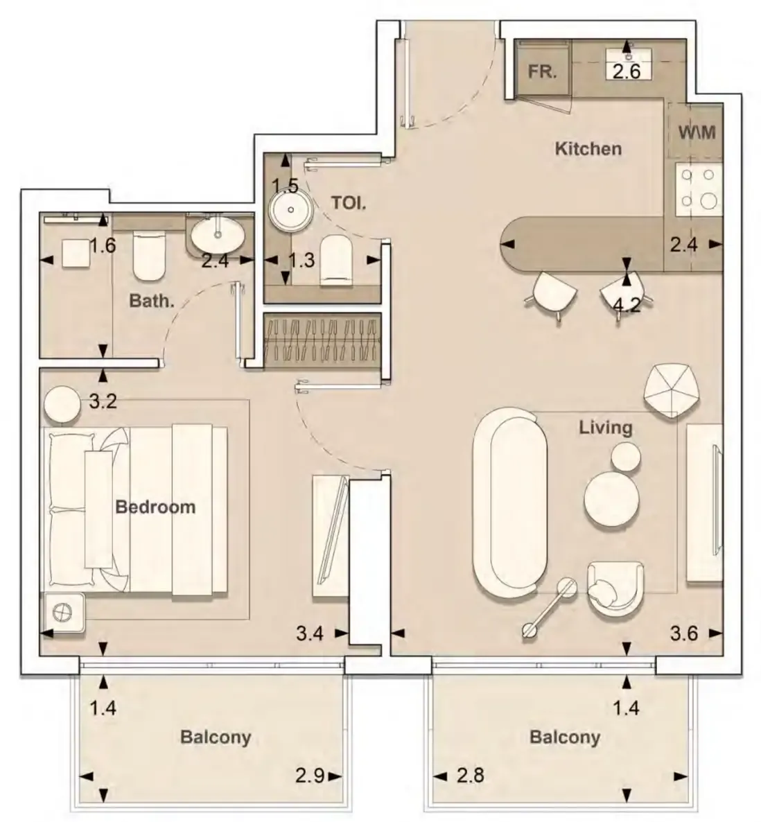 Lume Residences 1 bed floor plan, 595 sqft
