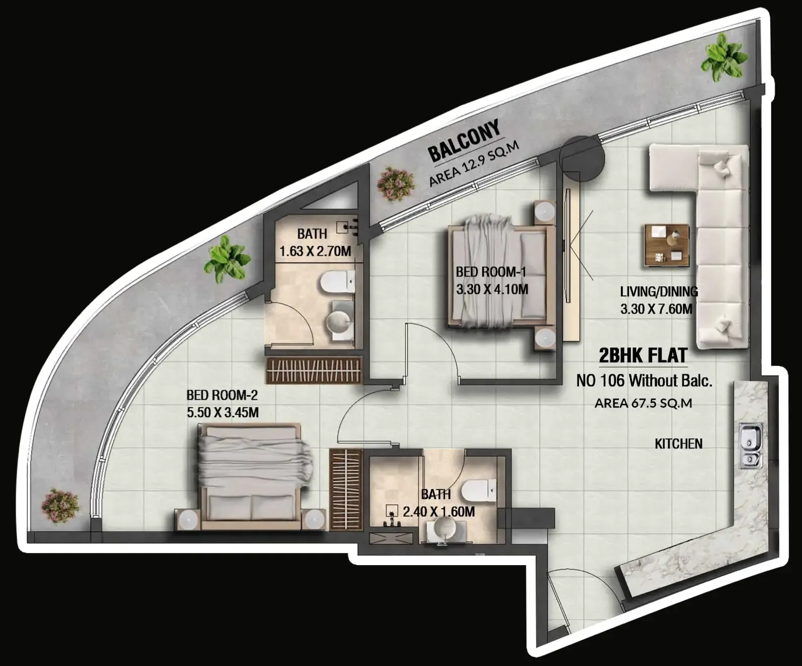 Lincoln Star Residence 4 2 bed floor plan, 865 sqft