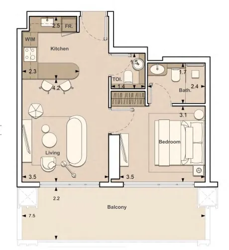 Lume Residences 1 bed floor plan, 602 – 608 sqft
