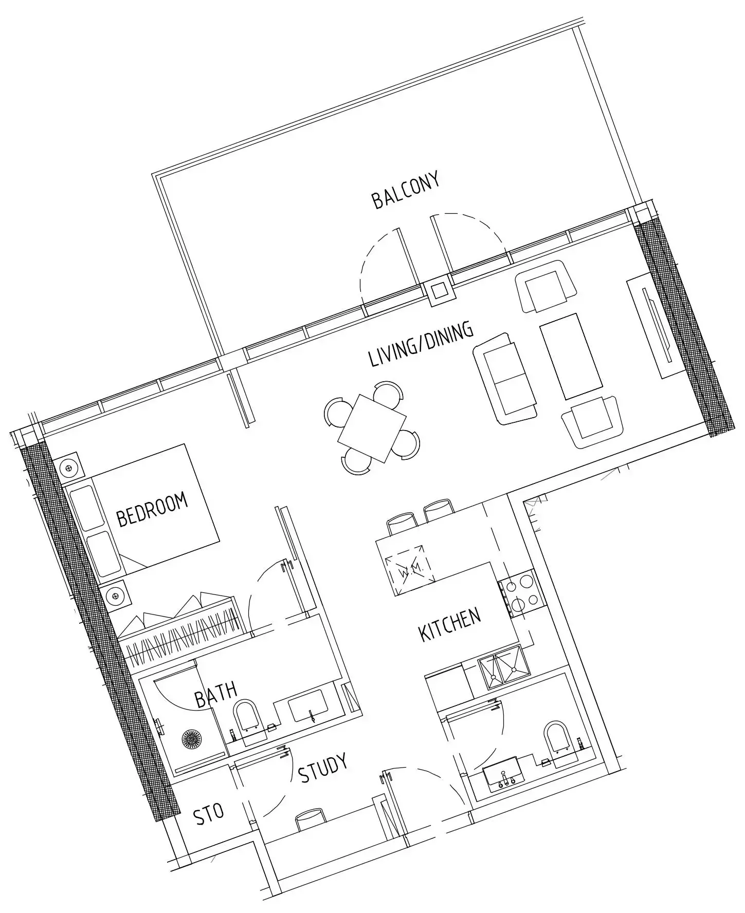 Damac District 1 bed floor plan, 907 sqft