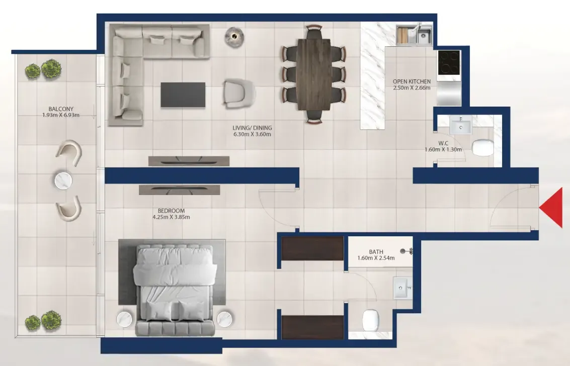 Al Vista 1 bed floor plan, 938 sqft