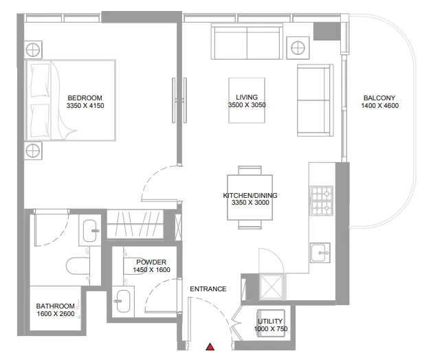 Pristine Beach Residences 1 bed floor plan, 620 sqft