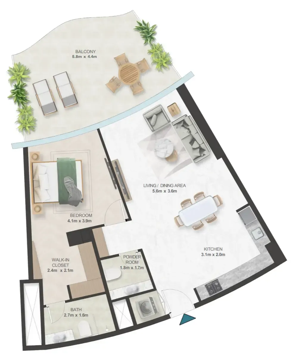 Oystra 1 bed floor plan, 1,035 sqft