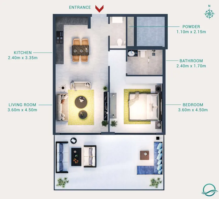 Milos 1 bed floor plan, 907 sqft
