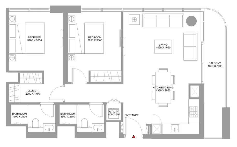 Starline Beach Residences 2 bed floor plan, 971 – 973 sqft