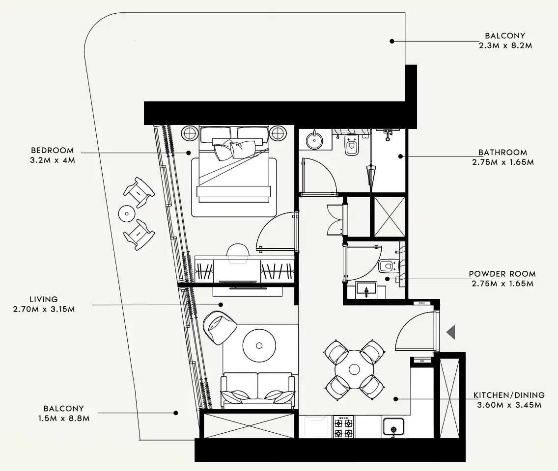 Azizi Milan 1 bed floor plan, 734 sqft