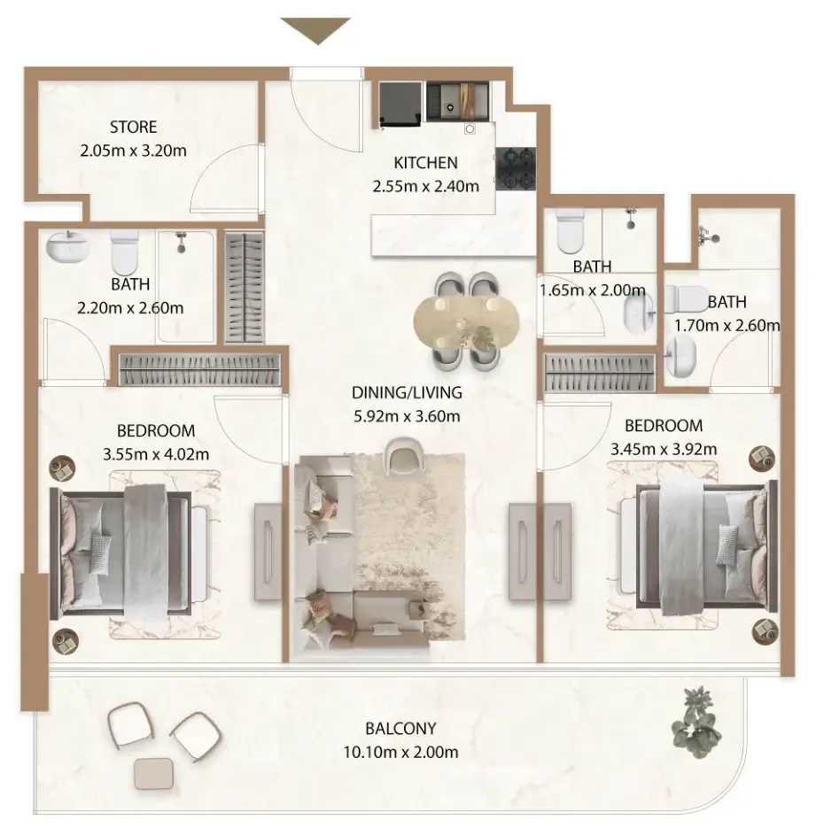 Veda by AUM Development 2 bed floor plan, 1,173 sqft