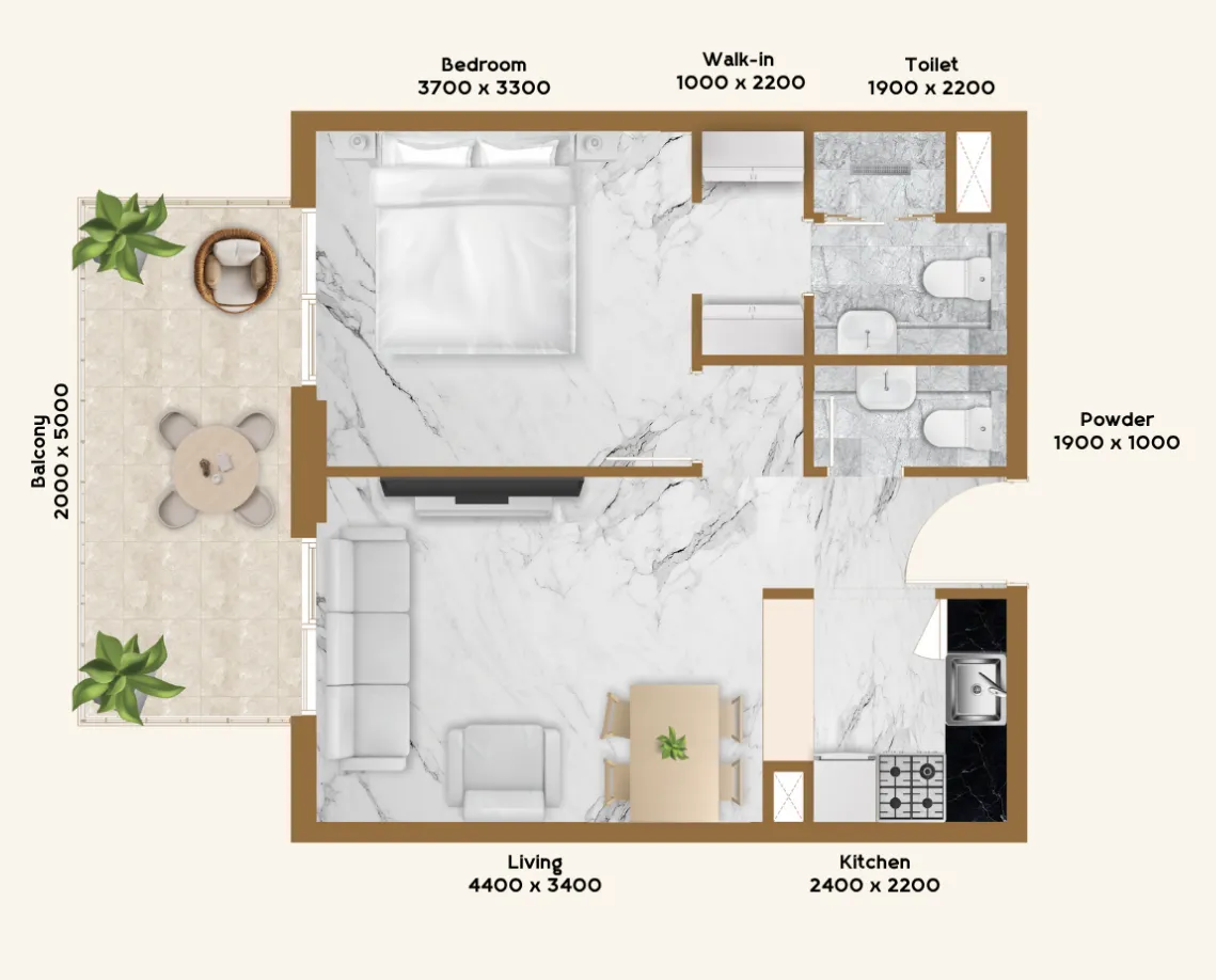 RR Residence 1 bed floor plan, 647 sqft