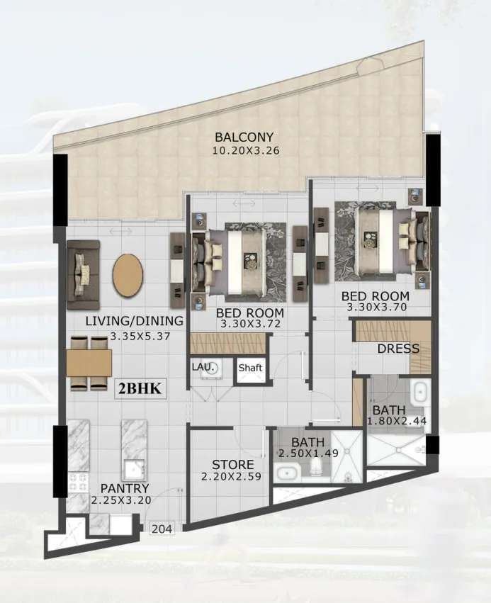 48 Parkside 2 bed floor plan, 1,255 sqft