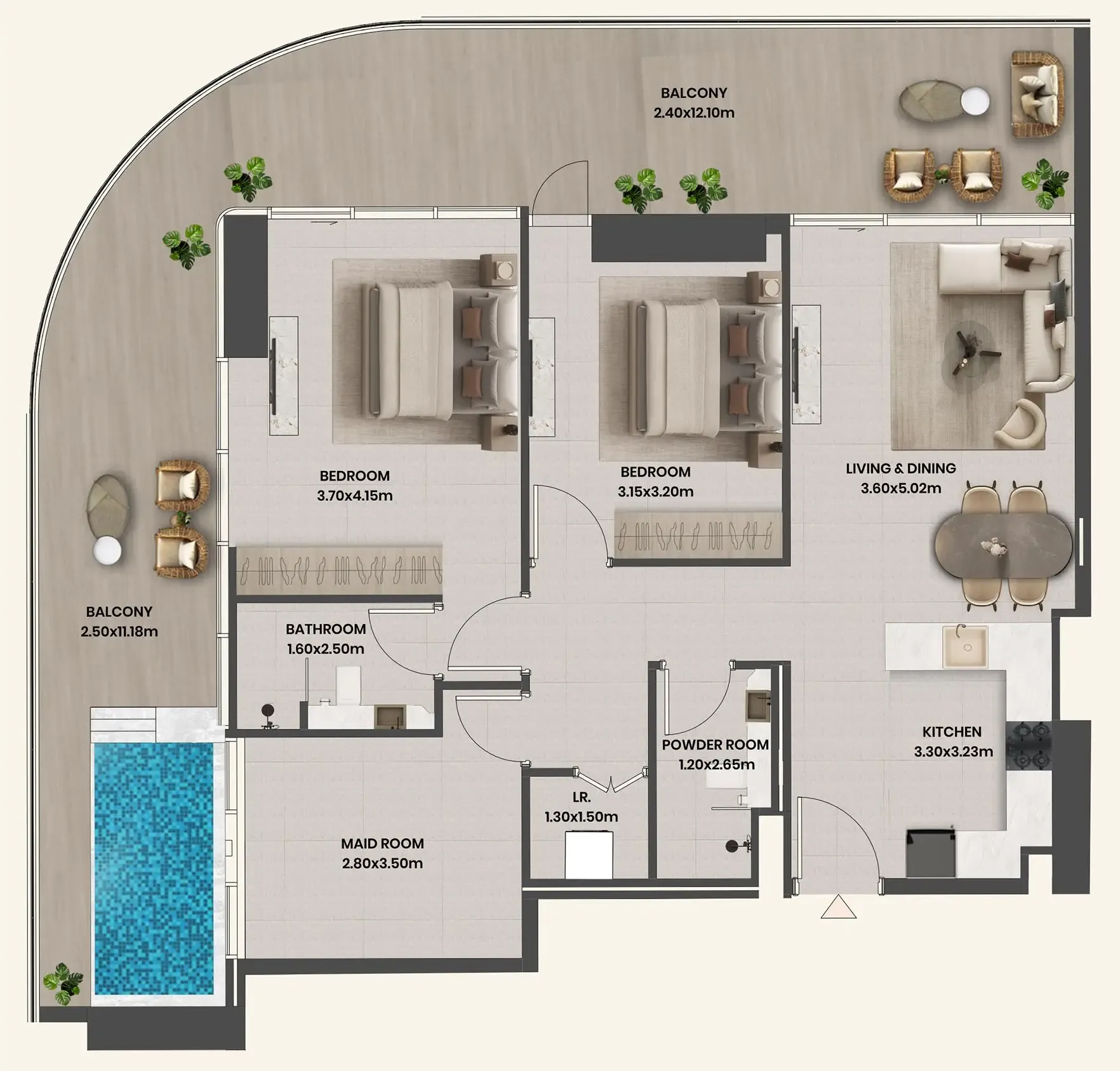 Divine Al Barari 2 bed floor plan, 1,580 sqft
