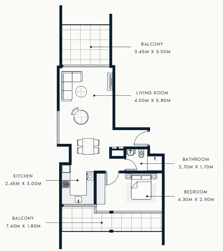 Riviera Beach Front 1 bed floor plan, 956 sqft