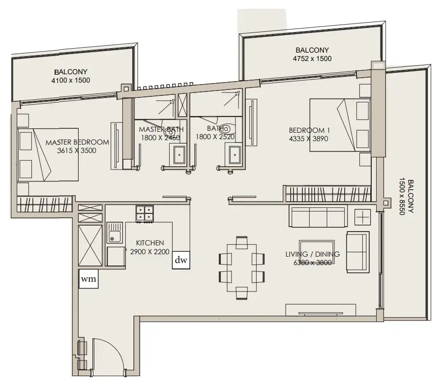 Nirvana Residences 1 2 bed floor plan, 1,289 sqft