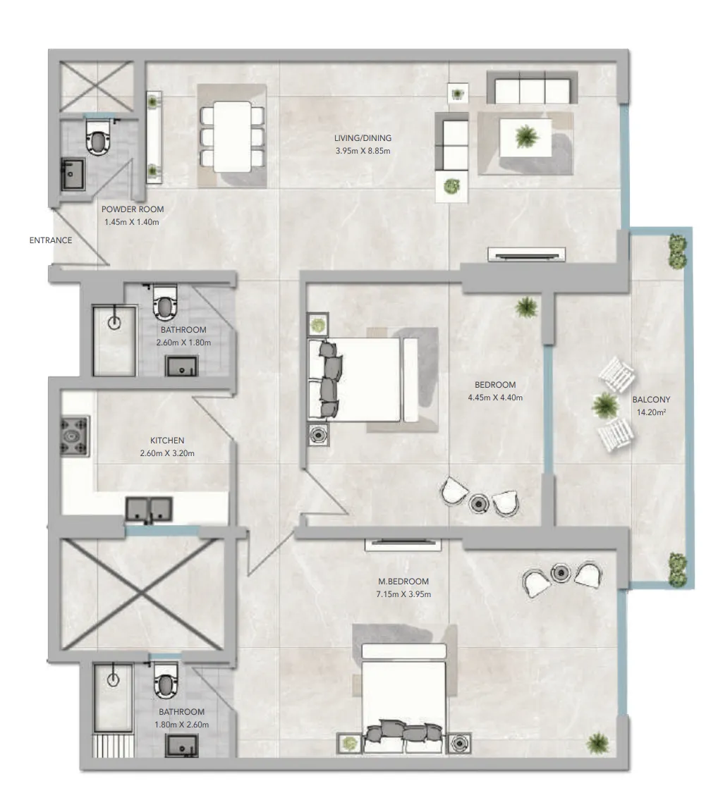 Al Aamra 3 Tower 2 bed floor plan, 1,972 – 1,973 sqft