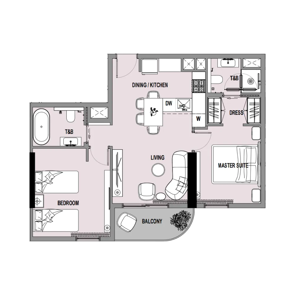 Verso 2 bed floor plan, 783 sqft