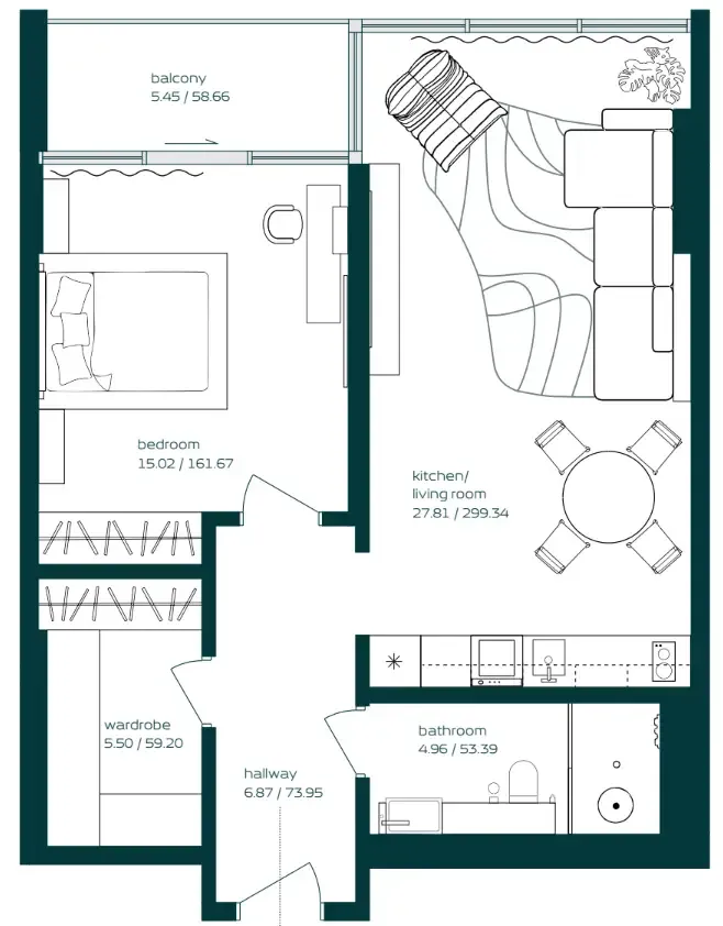 Vibe 1 bed floor plan, 811 sqft