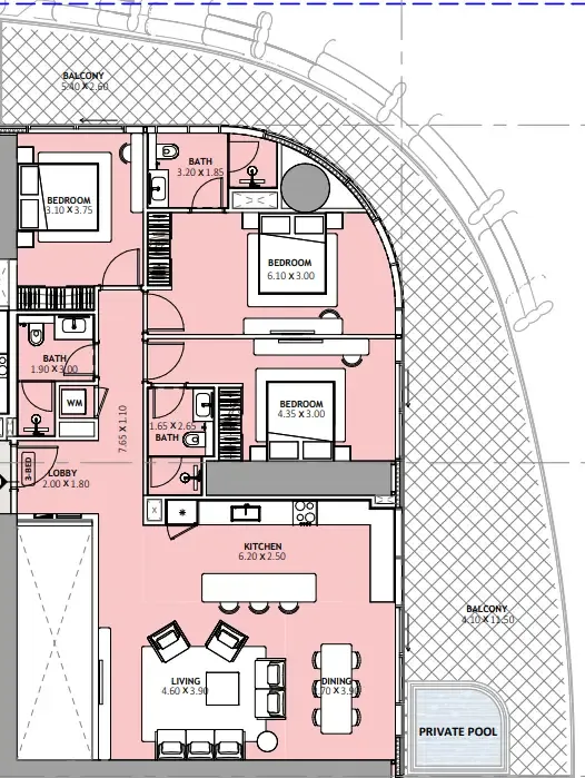 Binghatti Skyblade 3 bed floor plan, 2,196 sqft