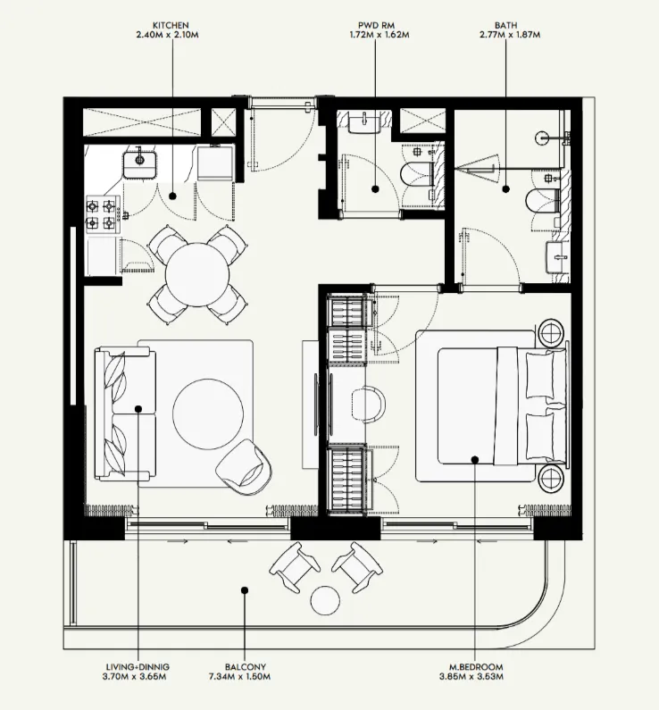Azizi Venice 1 bed floor plan, 689 sqft