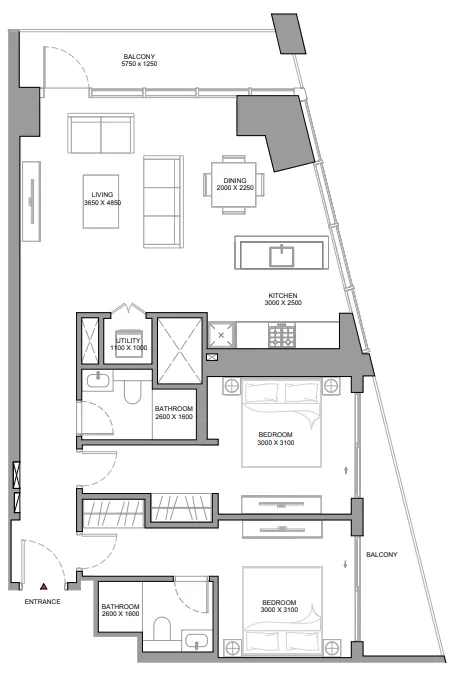 The Horizon at Sobha Central 2 bed floor plan, 1,202 sqft
