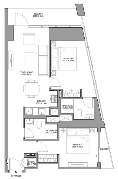 The Horizon at Sobha Central 2 bed floor plan, 956 sqft