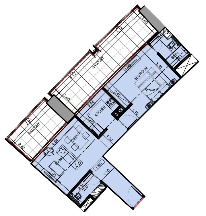 Binghatti Skyrise 1 bed floor plan, 1,022 sqft